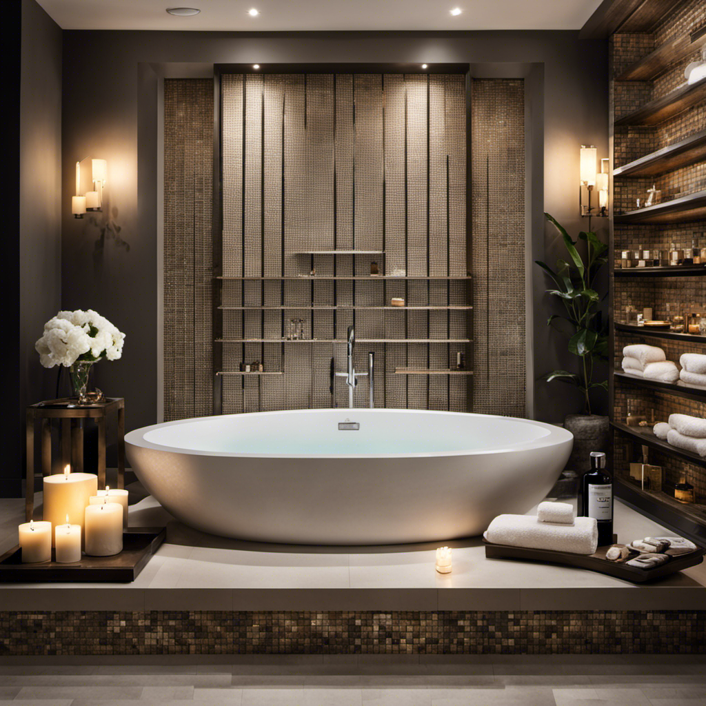 An image showcasing a beautifully tiled bathtub wall adorned with sleek, chrome shelves holding an assortment of spa essentials like scented candles, plush towels, a loofah, and luxurious bath oils, evoking a serene and elegant atmosphere