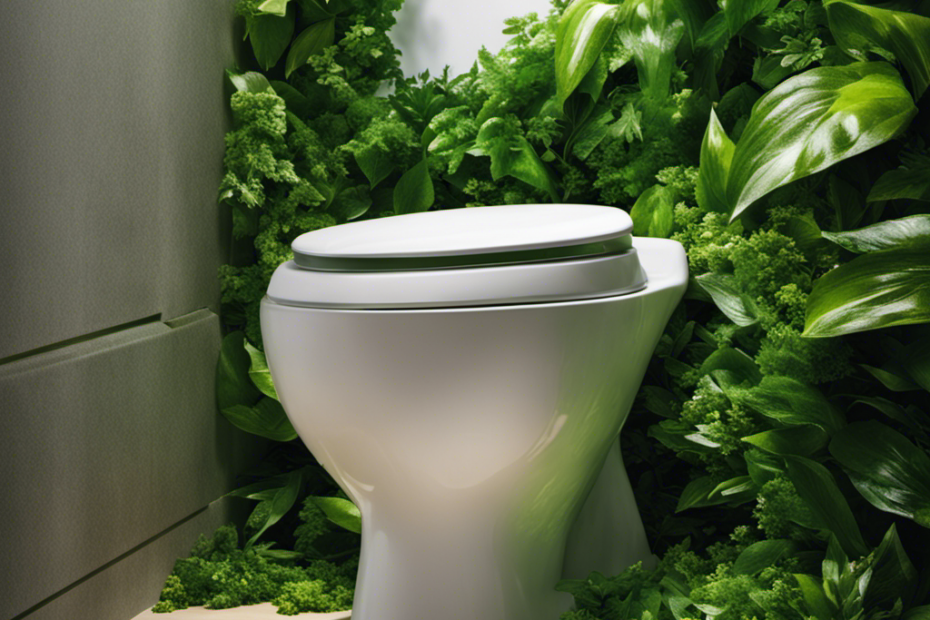 An image showcasing a sparkling clean toilet bowl being effortlessly disinfected with natural alternatives, such as vinegar or baking soda, surrounded by vibrant green leaves, symbolizing eco-friendly cleaning methods