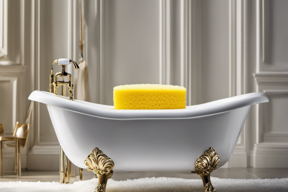 An image showcasing a sparkling white bathtub being scrubbed with a yellow sponge, while a bottle of foaming cleaner sits nearby
