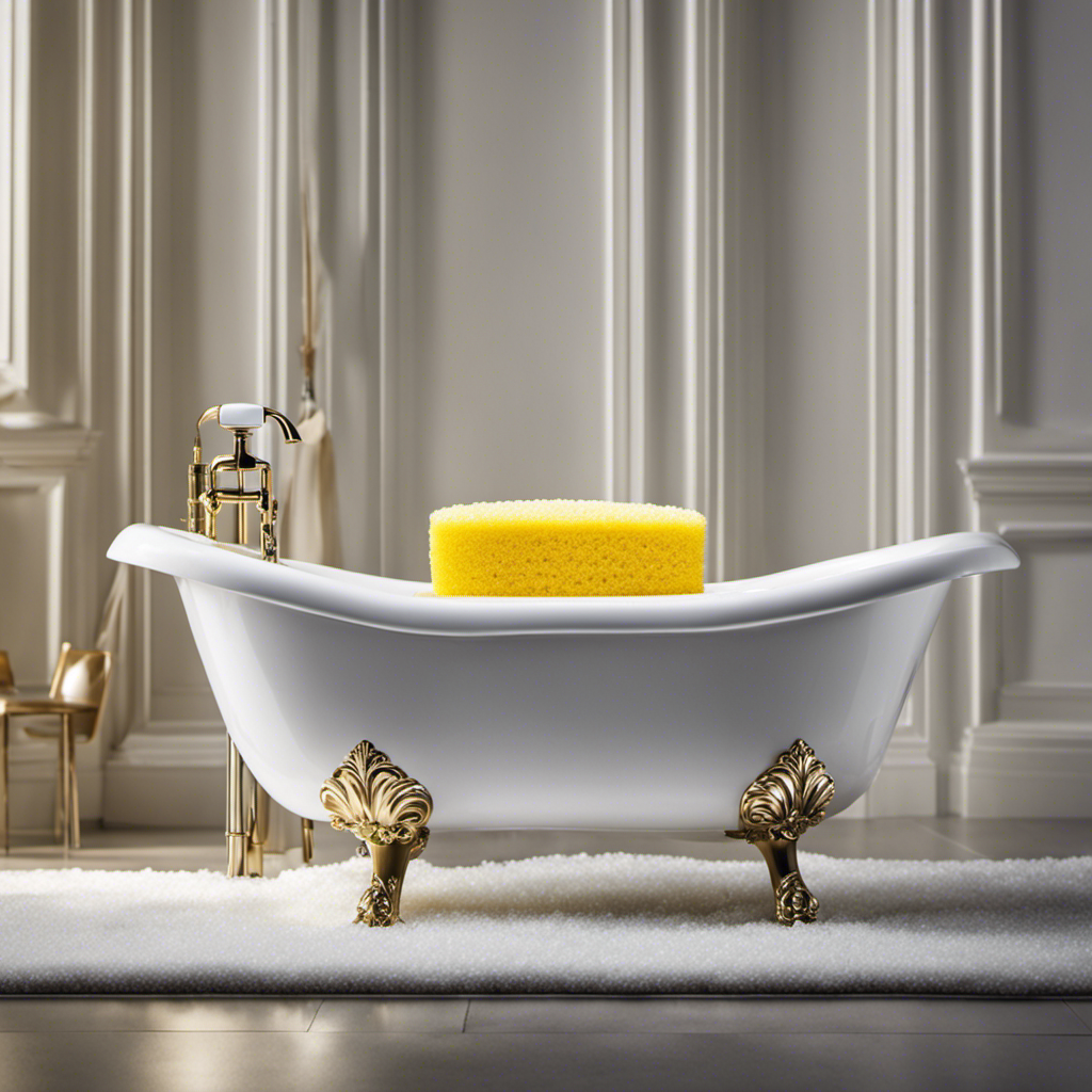 An image showcasing a sparkling white bathtub being scrubbed with a yellow sponge, while a bottle of foaming cleaner sits nearby