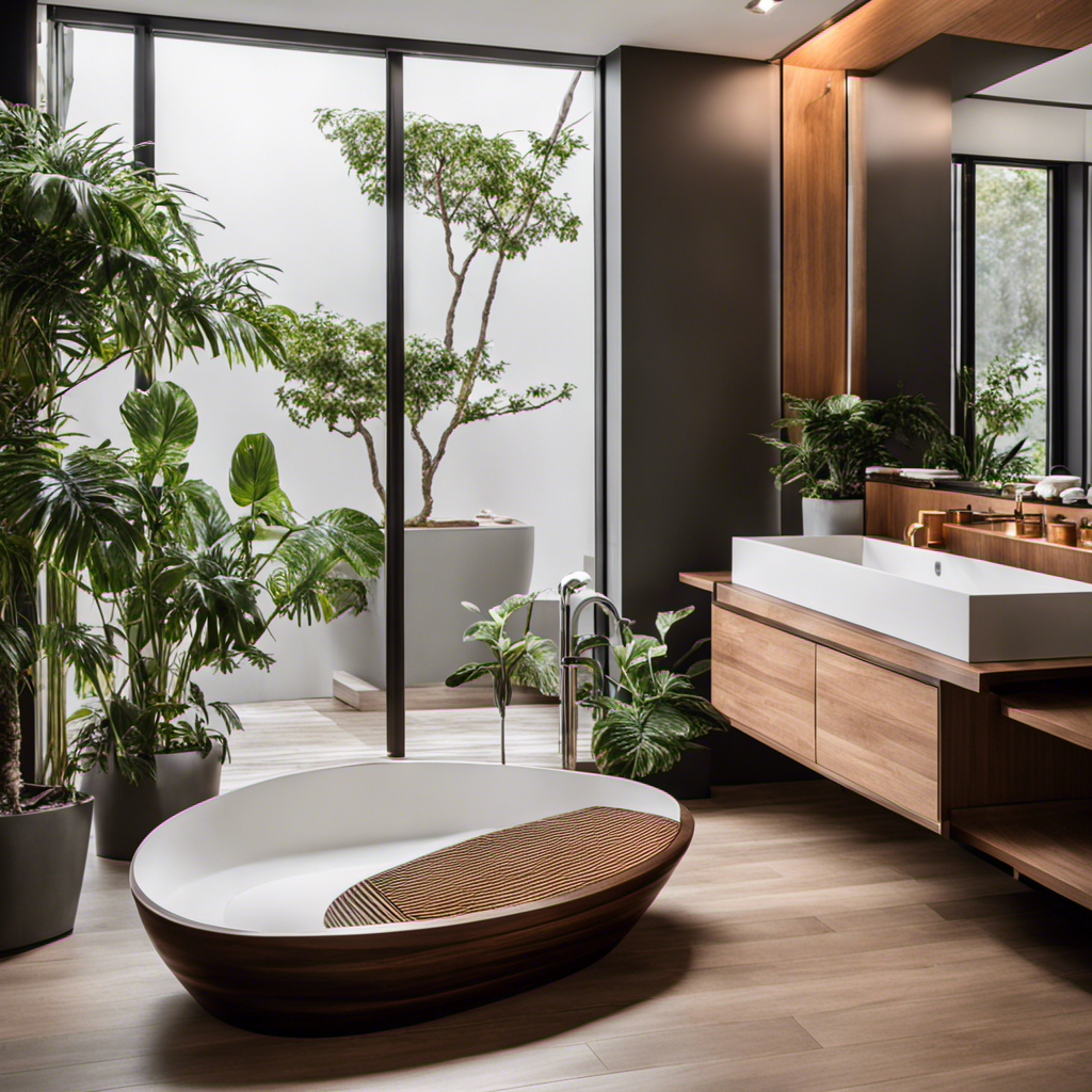 An image for a blog post about "What Can I Use to Cover My Bathtub?" Show a chic, modern bathroom with a sleek wooden cover elegantly concealing the bathtub, adorned with plush towels and a potted plant