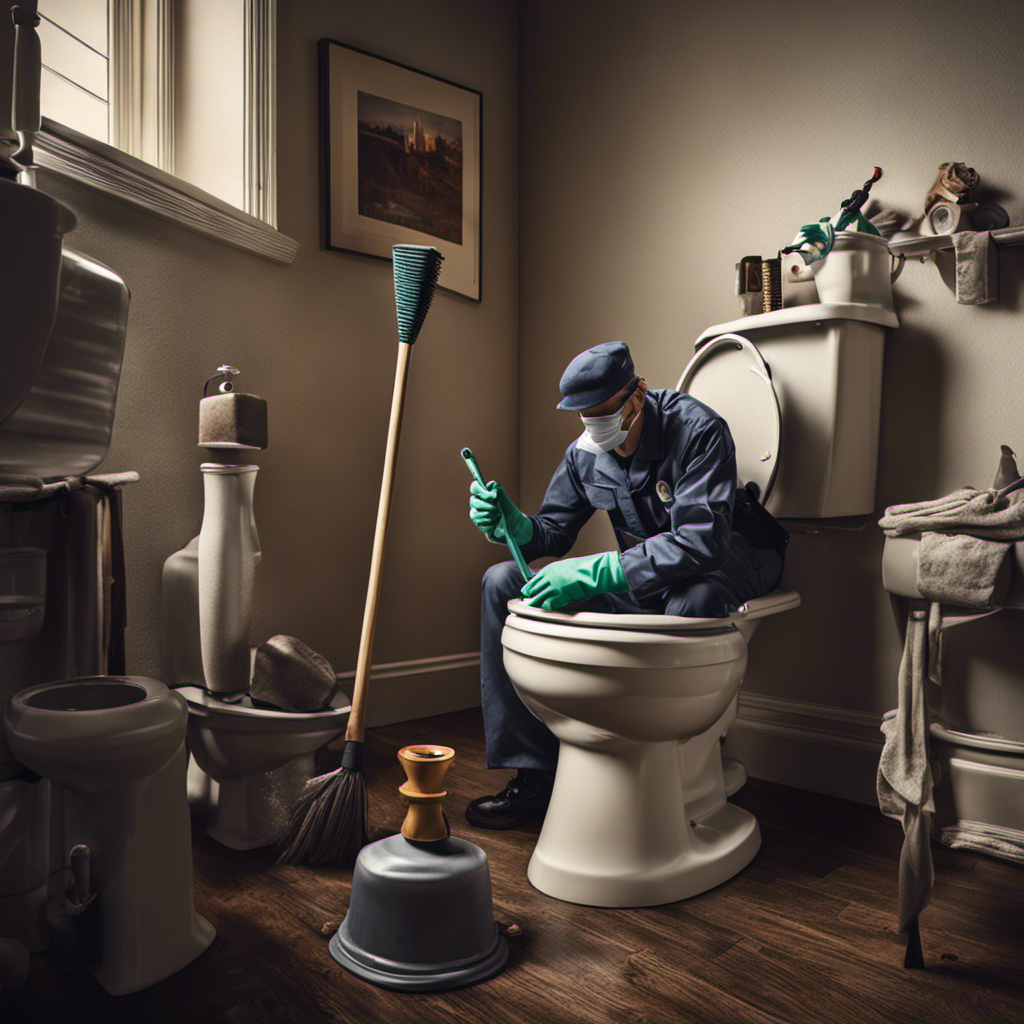 An image showcasing a person wearing rubber gloves, holding a plunger tilted towards a clogged toilet bowl