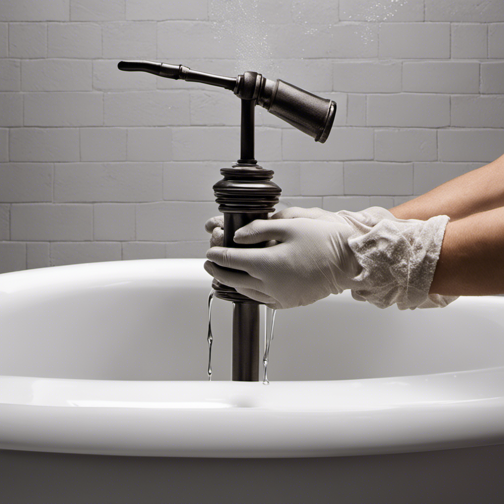 An image showcasing a pair of gloved hands holding a plunger, positioned above a bathtub drain