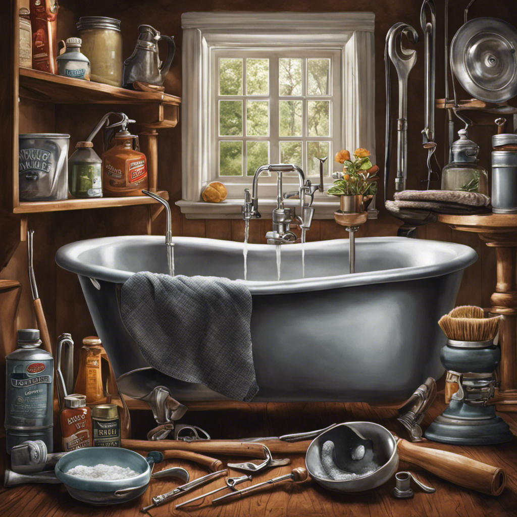An image showcasing a diverse range of tools, including a plunger, drain snake, baking soda, vinegar, and a wrench, surrounding a clogged bathtub