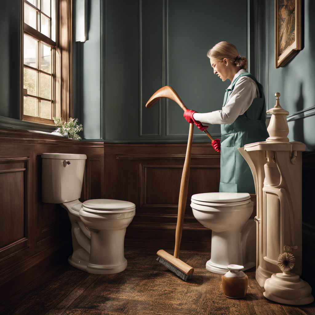 An image showcasing a person wearing rubber gloves, holding a plunger with a wooden handle, positioned next to a toilet bowl filled with clean water and a visible clog