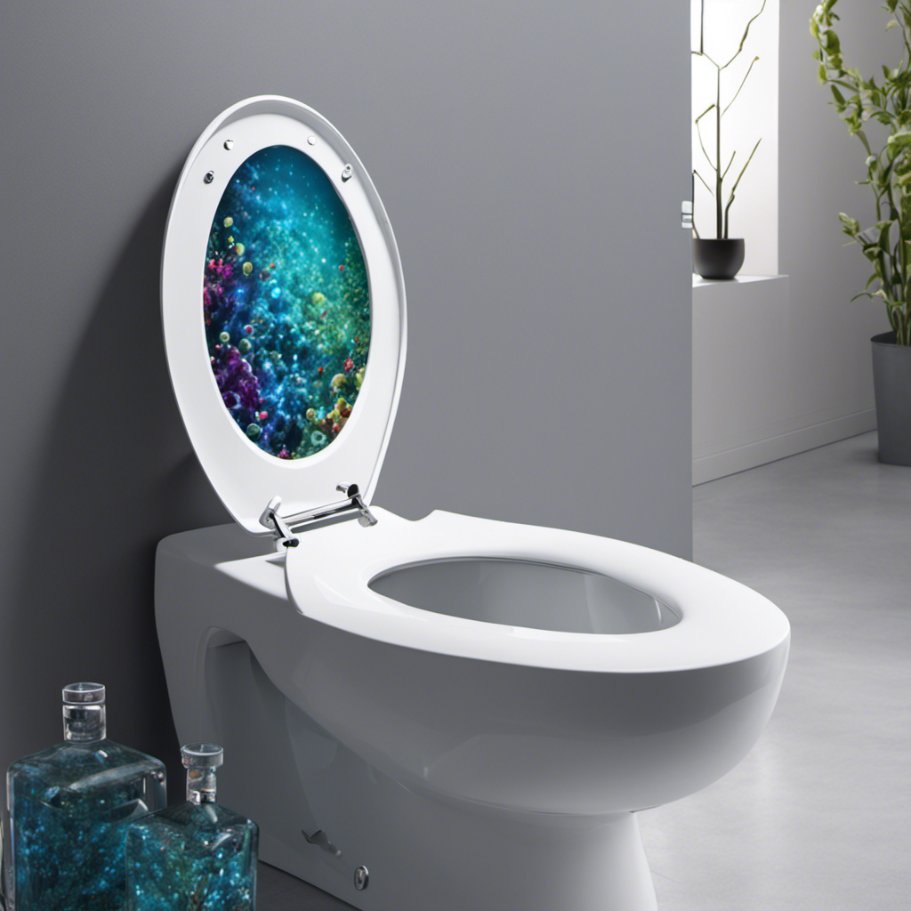 An image depicting a sparkling clean toilet seat, surrounded by microscopic germs and bacteria, magnified to reveal their menacing shapes and vibrant colors