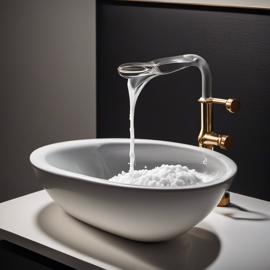 An image capturing the process of pouring a powerful mixture of baking soda, vinegar, and hot water down a toilet