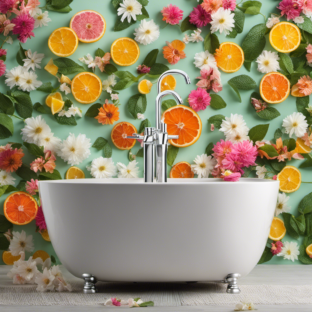 An image featuring a sparkling clean toilet tank, where fragrant, colorful floating flowers and citrus slices peacefully mingle with refreshing mint leaves, evoking a refreshing and delightful aroma