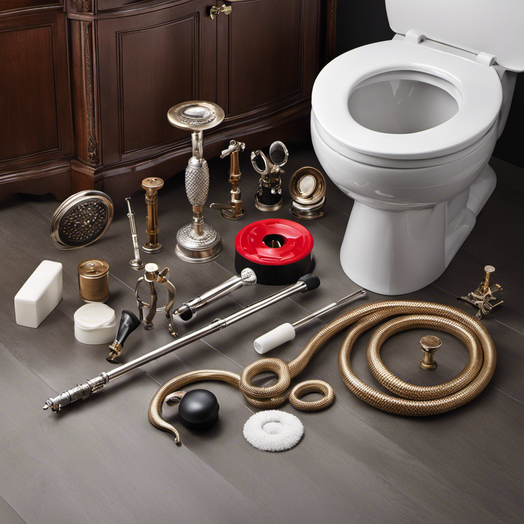 An image that showcases a variety of tools, including a plunger, toilet auger, and drain snake, arranged neatly on a clean bathroom floor, ready to tackle the task of unclogging a toilet
