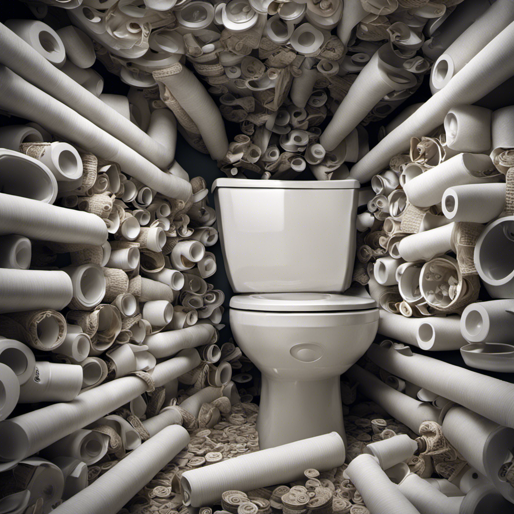 An image capturing the inner workings of a toilet system, displaying the accumulation of toilet paper and foreign objects in the U-shaped trap, causing a clogged toilet