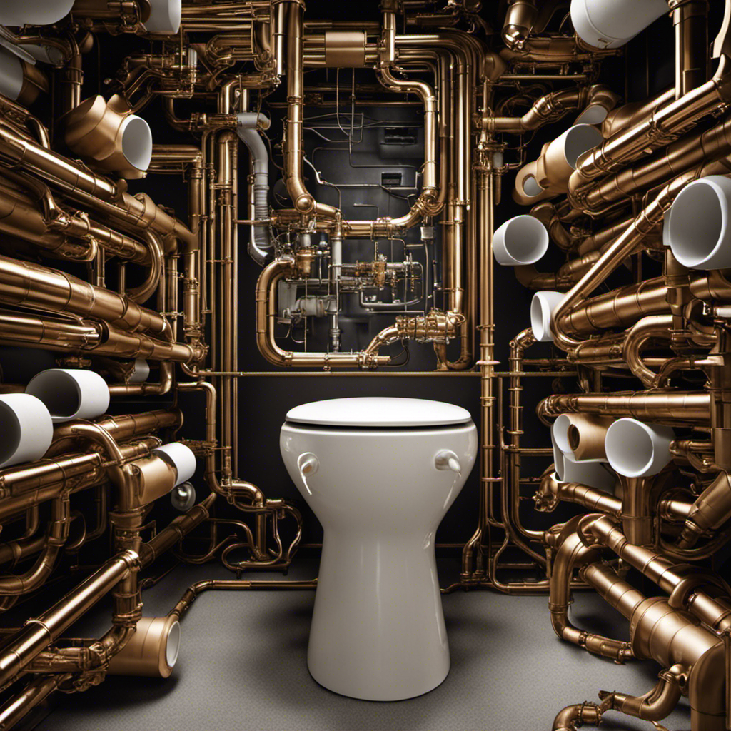 Create an image showcasing the intricate network of pipes within a toilet, depicting both common and unusual culprits such as excessive toilet paper, foreign objects, or improper flushing techniques that lead to clogs