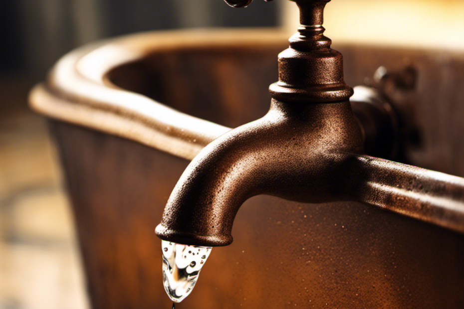 An image depicting a close-up view of a rusty bathtub faucet with drops of water precariously forming and falling, showcasing the intricate inner mechanisms responsible for the constant and annoying drip