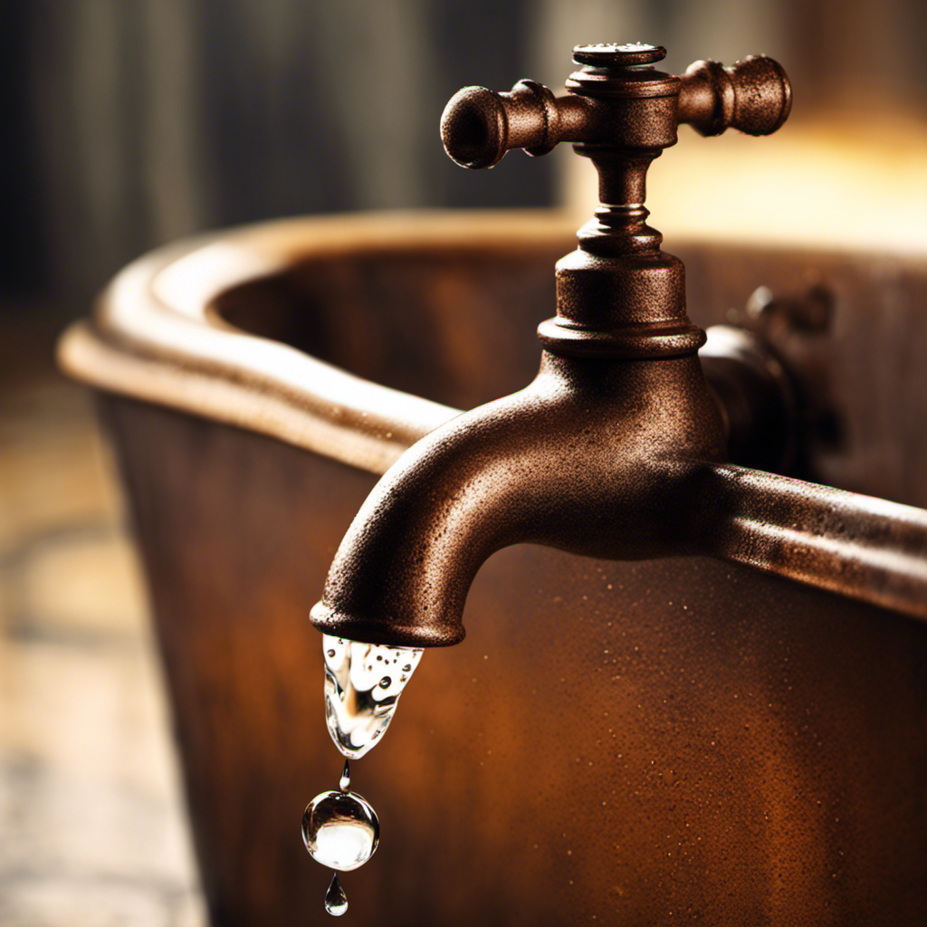 An image depicting a close-up view of a rusty bathtub faucet with drops of water precariously forming and falling, showcasing the intricate inner mechanisms responsible for the constant and annoying drip