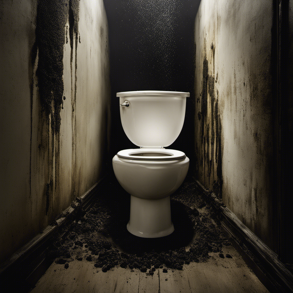 An image capturing the eerie sight of a neglected toilet bowl shrouded in darkness, with slimy black mold creeping up its sides