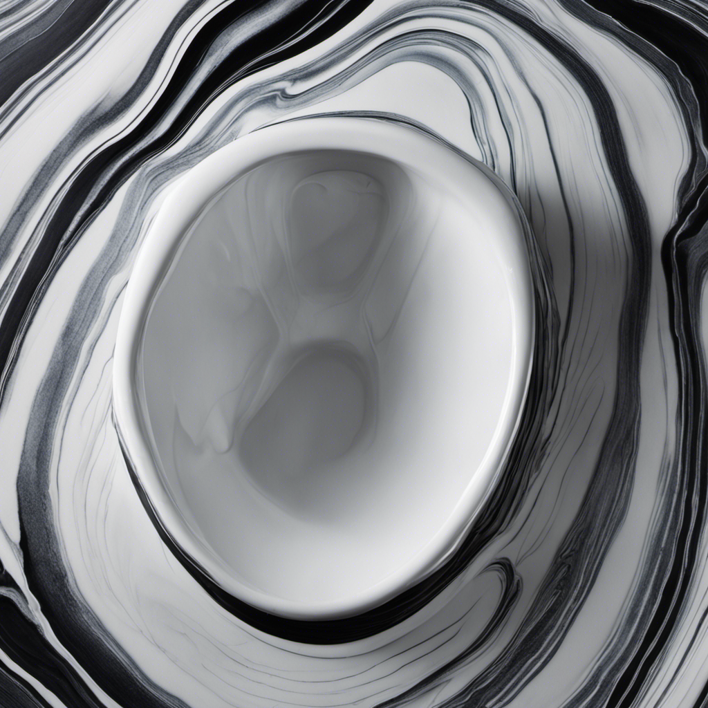-up image of a toilet bowl with dark, sinuous streaks curving across the porcelain surface, revealing the intricate patterns formed by the buildup of minerals and bacteria, creating a visual representation of what causes black streaks