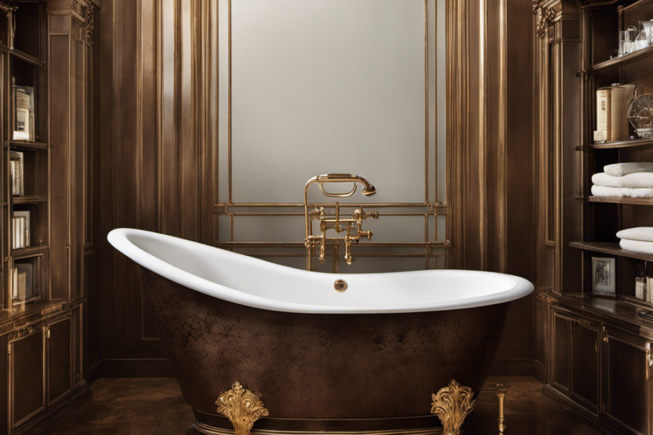An image showcasing a bathtub filled with murky brown water, displaying unsightly stains on the porcelain surface