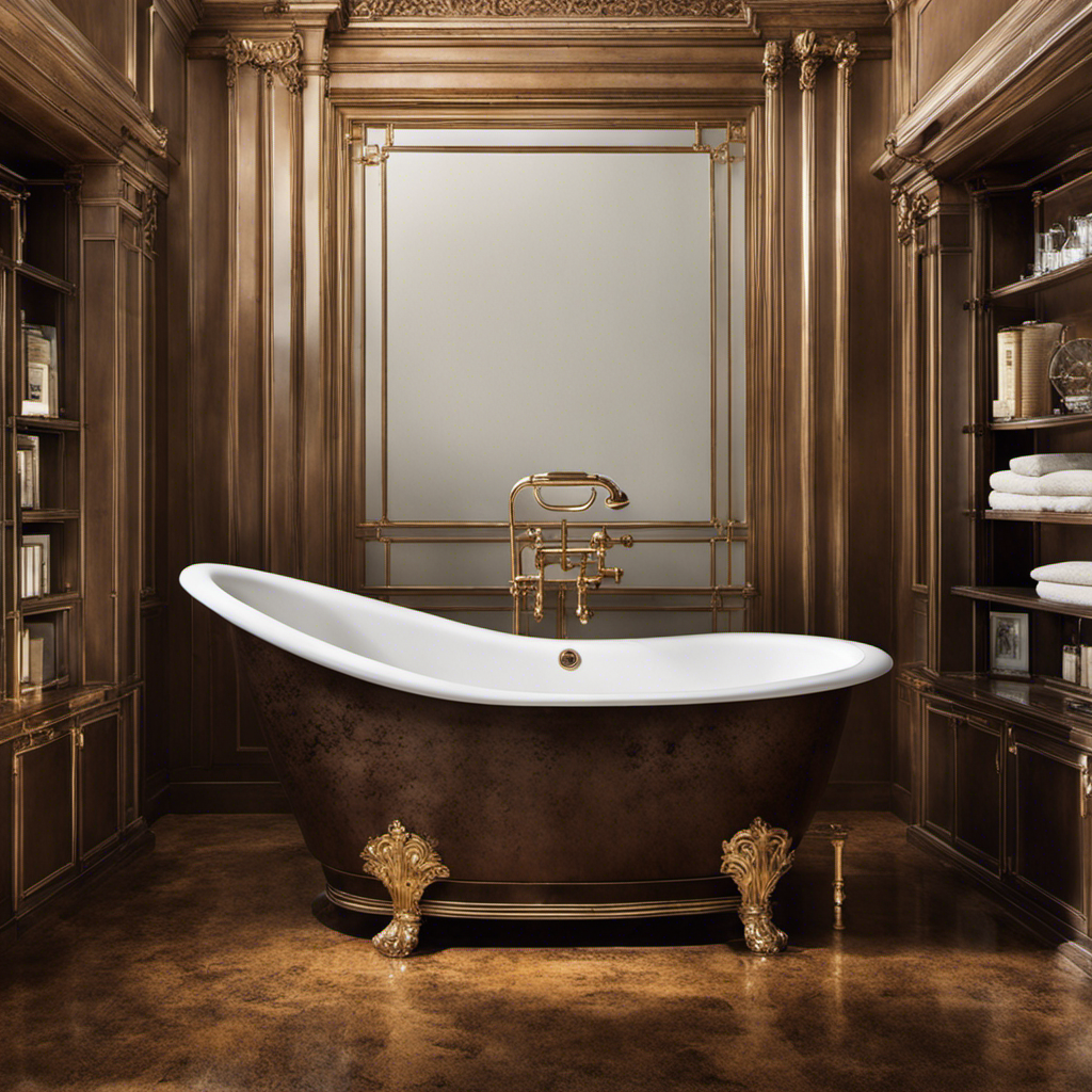 An image showcasing a bathtub filled with murky brown water, displaying unsightly stains on the porcelain surface