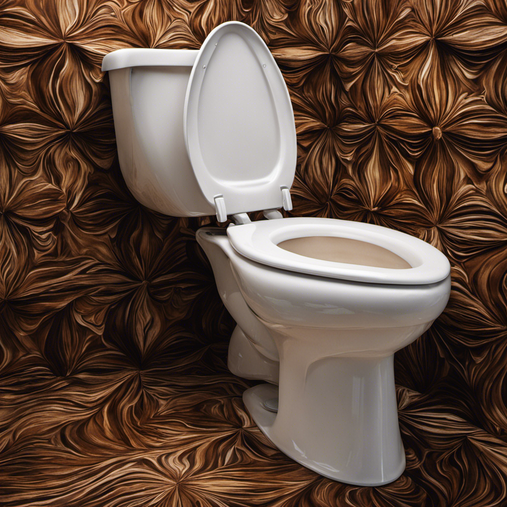 An image showcasing a close-up view of a toilet bowl stained with varying shades of brown, highlighting the intricate patterns and shapes of the discoloration