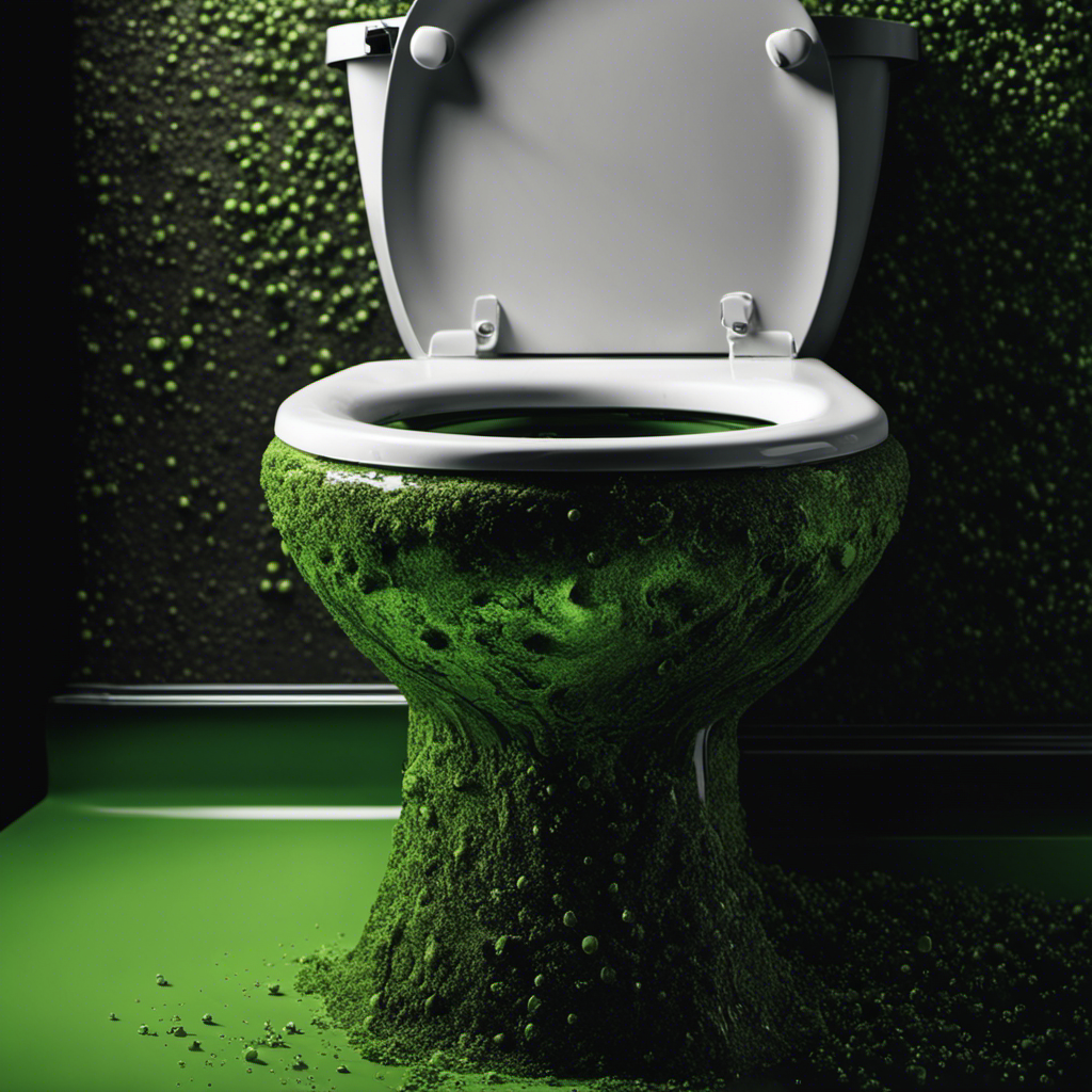 An image depicting a close-up view of a toilet bowl, showcasing the dark, moist environment where mold thrives