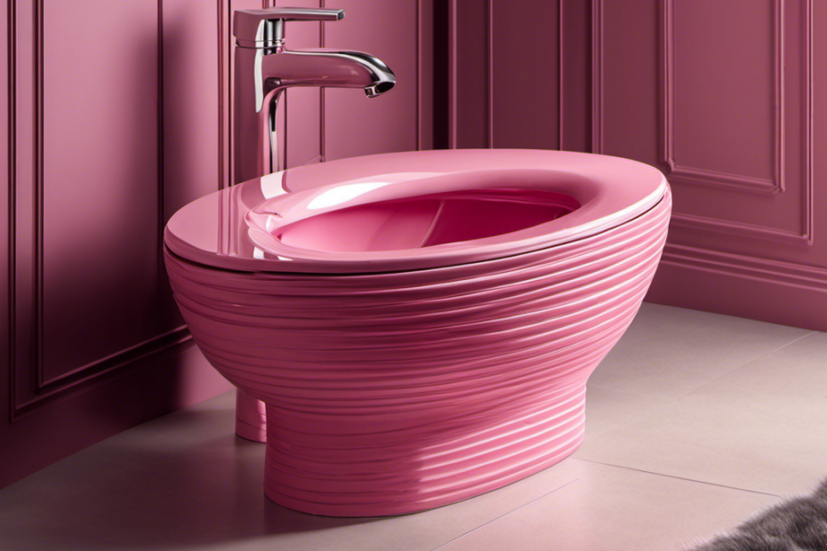 An image showcasing a close-up of a toilet bowl, focusing on a distinct pink ring formation at the waterline
