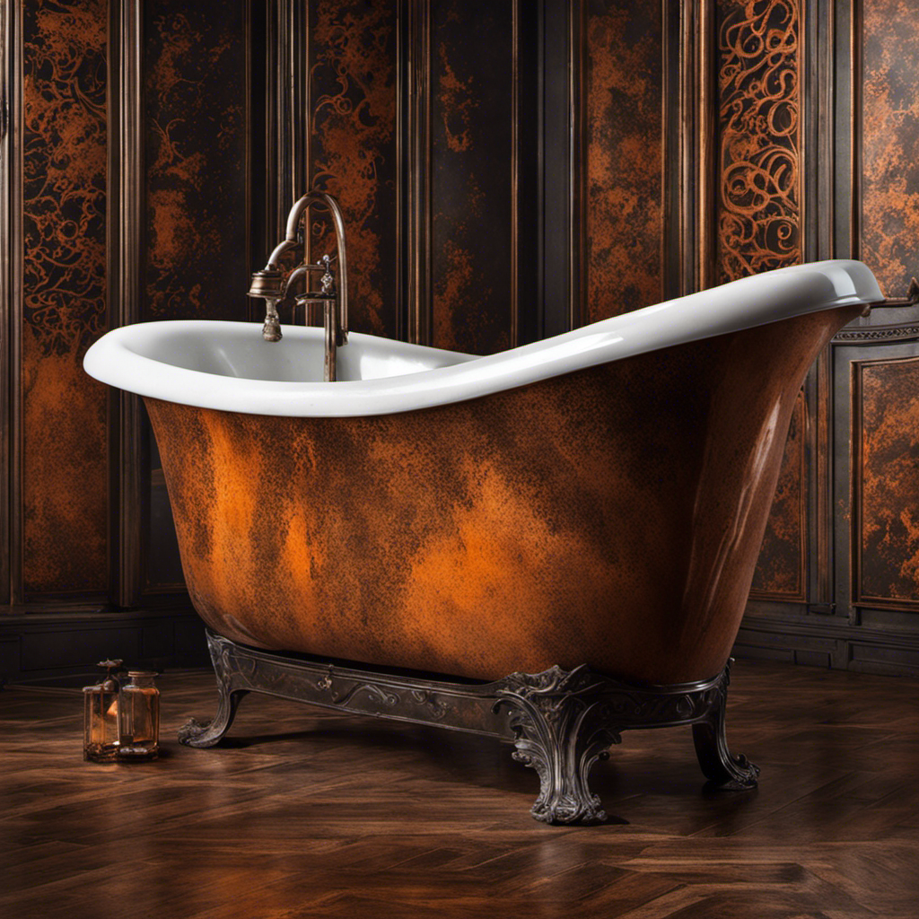 An image showcasing a rusty bathtub, with orange-brown streaks running down its porcelain surface