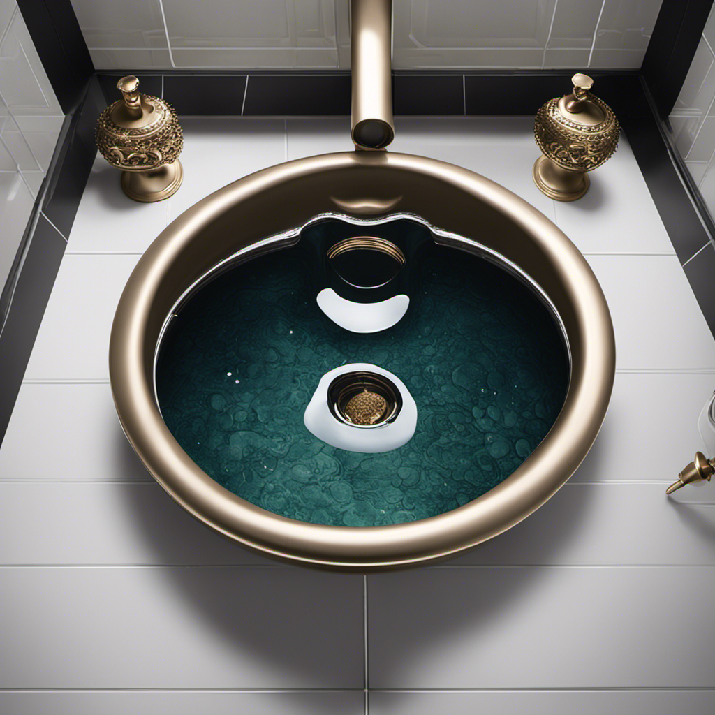 An image that depicts a toilet bowl filled to the brim with water, pressure building as a clogged drain pipe becomes visible