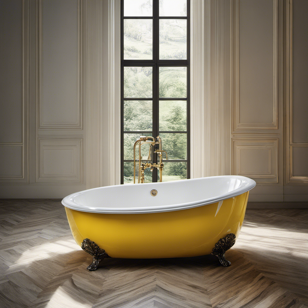 An image depicting a close-up view of a porcelain bathtub, showcasing distinct yellow stains at the bottom and along the edges