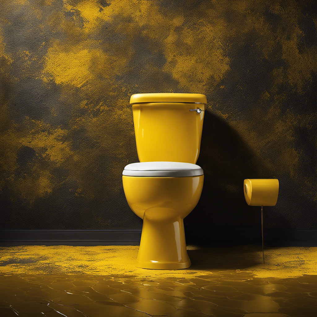 An image capturing a close-up view of a yellow-stained toilet bowl, showcasing intricate textures, faded shades, and subtle discoloration patterns that depict the mysterious origins of these unsightly marks
