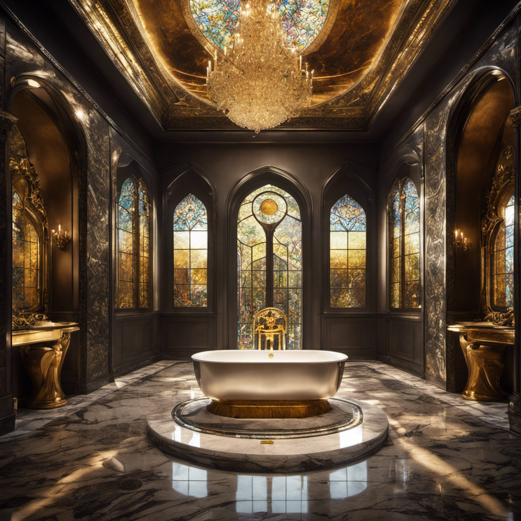An image showcasing a regal bathroom adorned in luxurious marble, with a golden toilet seat at its center
