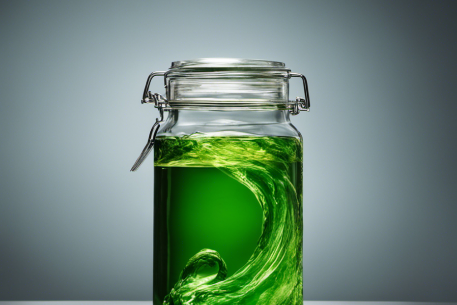 An image showcasing a transparent glass jar filled with toilet paper submerged in a bubbling, vibrant green liquid, illustrating the chemical reaction of a potent solvent dissolving toilet paper