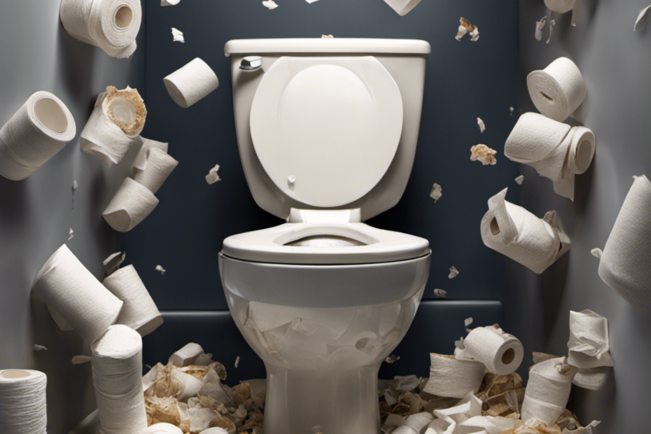An image depicting a close-up view of a clogged toilet, revealing an accumulation of toilet paper, baby wipes, and other debris, causing a blockage that prevents the water from draining