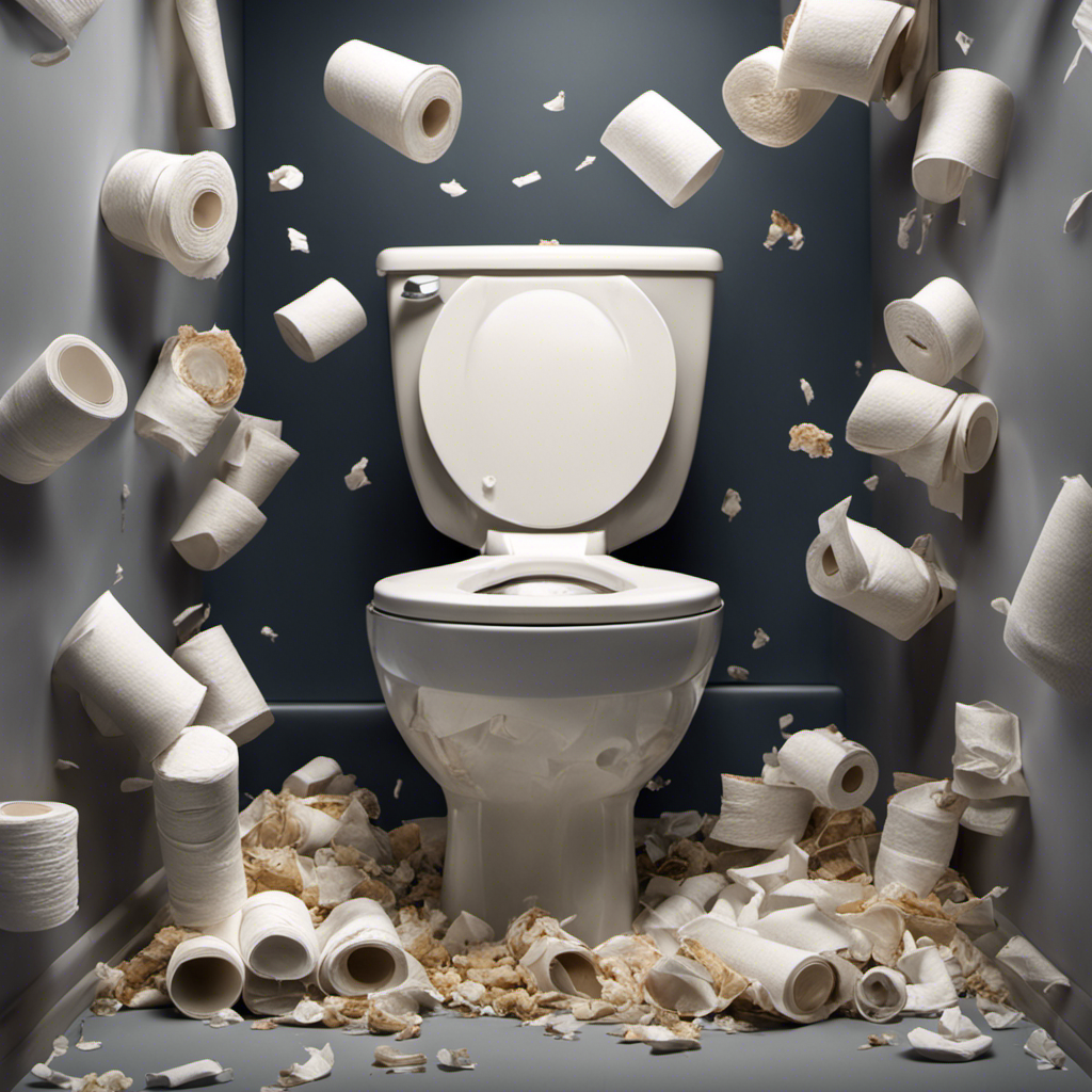 An image depicting a close-up view of a clogged toilet, revealing an accumulation of toilet paper, baby wipes, and other debris, causing a blockage that prevents the water from draining