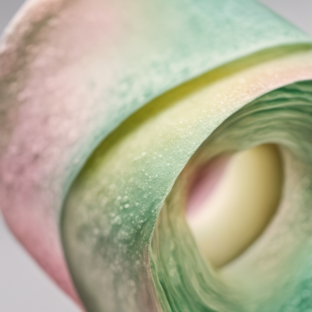 An image featuring a close-up view of a translucent, pearlescent fluid stain on white toilet paper, showcasing the delicate hues of amniotic fluid, ranging from pale yellow to light pink, and possibly tinged with green or brown undertones