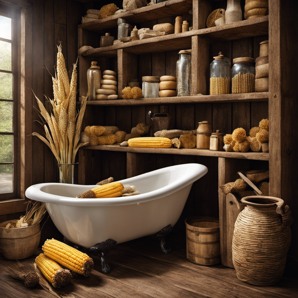 An image depicting a rustic bathroom scene from the past, showcasing various items such as corn cobs, leaves, communal sponges, and water jugs, highlighting the creative alternatives people used before the invention of toilet paper