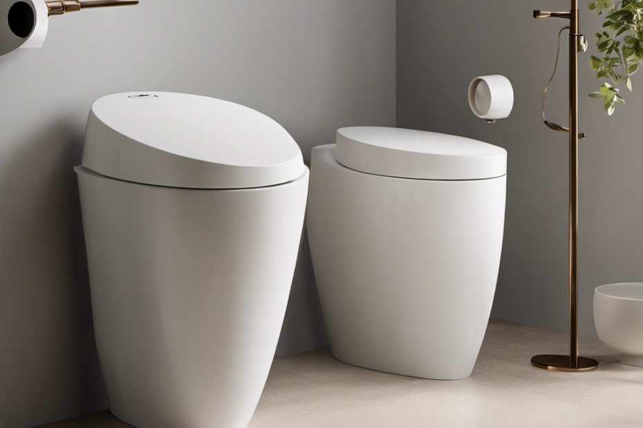 An image of two expressive toilets facing each other, one flushing with a gleeful wink, while the other, slightly embarrassed, hides behind a plunger, conveying a humorous conversation between bathroom fixtures