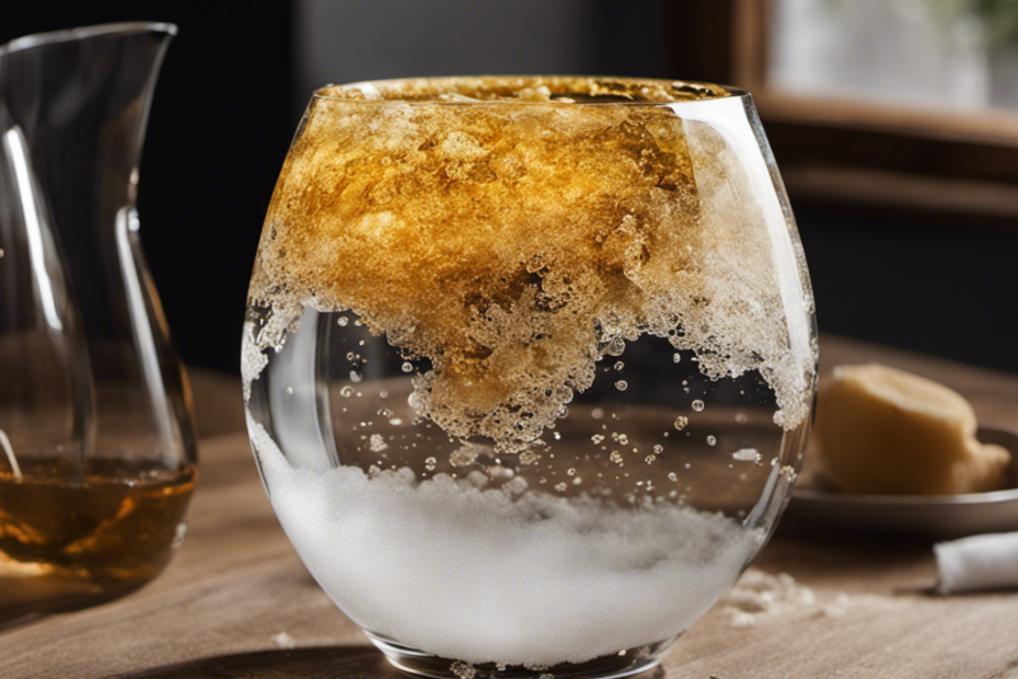 An image that showcases a transparent glass filled with a bubbling and frothy solution of vinegar and water, with toilet paper submerged in it