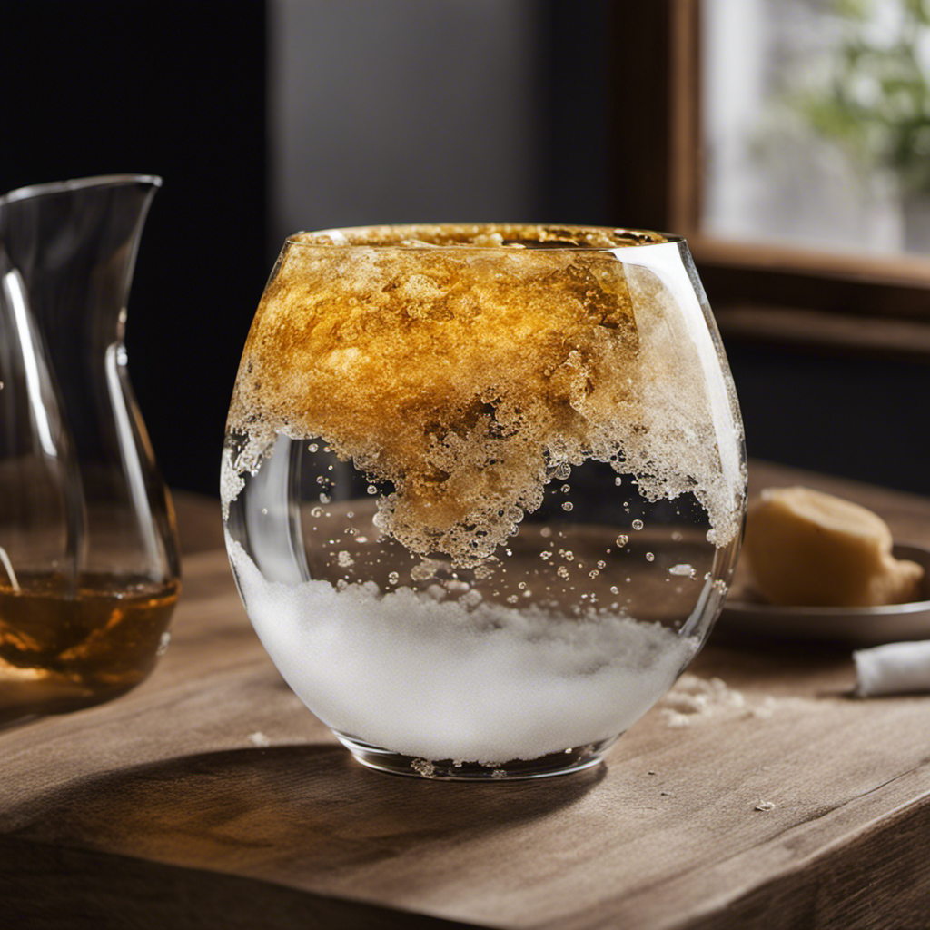 An image that showcases a transparent glass filled with a bubbling and frothy solution of vinegar and water, with toilet paper submerged in it