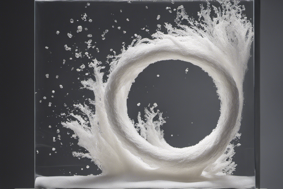 An image showcasing a transparent glass filled with warm water, where a roll of toilet paper is slowly disintegrating, dissolving into delicate, swirling strands, revealing a mesmerizing display of decomposition