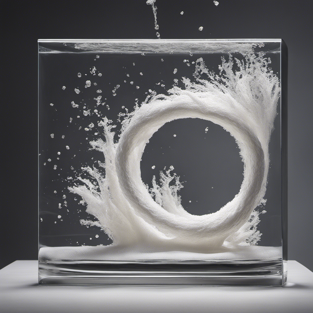 An image showcasing a transparent glass filled with warm water, where a roll of toilet paper is slowly disintegrating, dissolving into delicate, swirling strands, revealing a mesmerizing display of decomposition