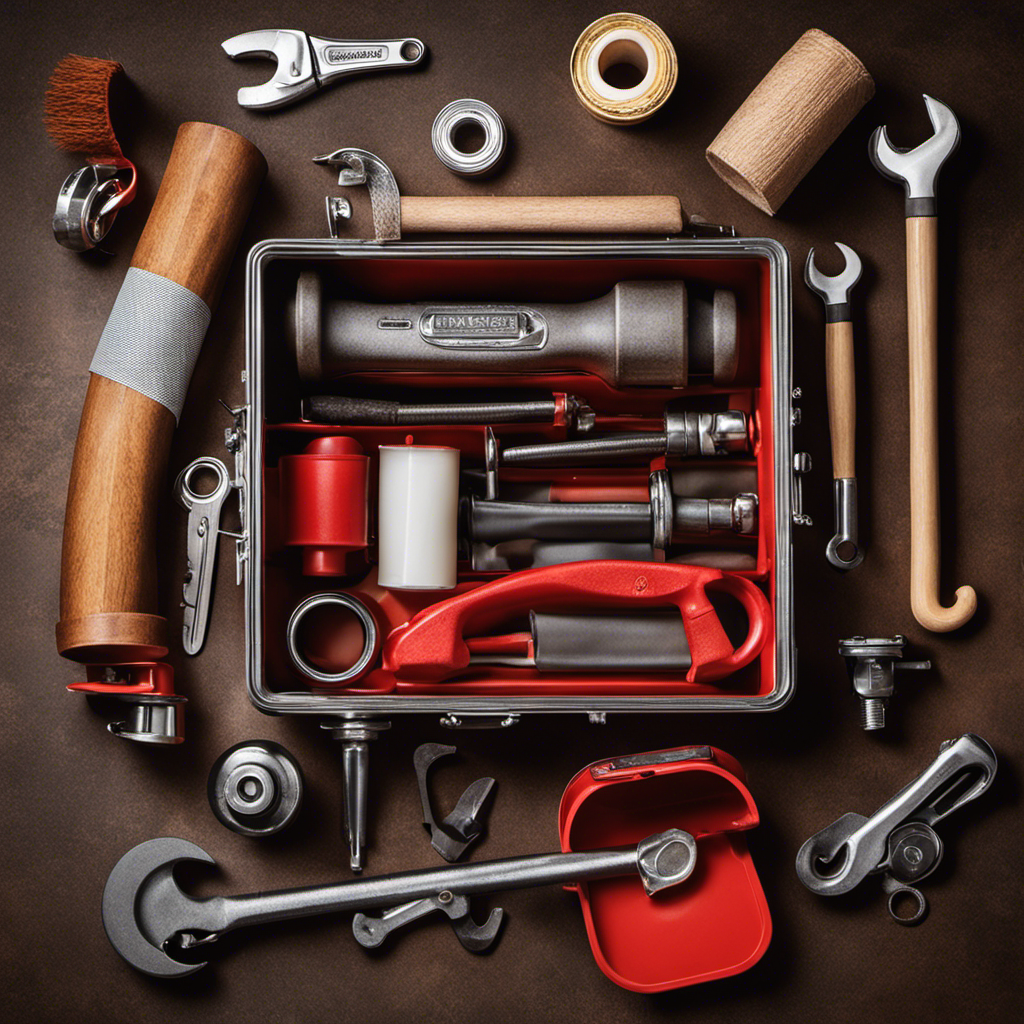 An image featuring a toolbox filled with essential tools like a wrench, plunger, pipe cutter, adjustable wrench, and a toilet wax ring, alongside a roll of Teflon tape and a toilet flange