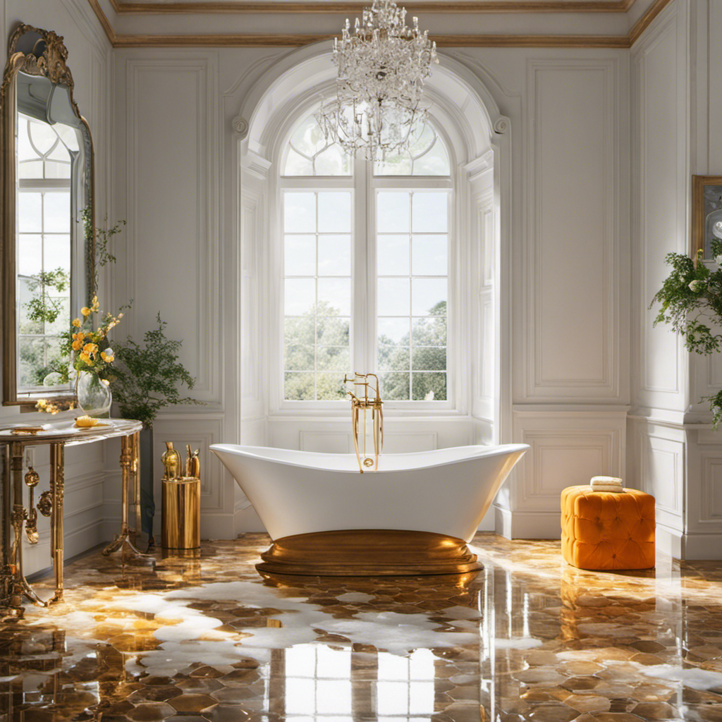 An image showcasing a sparkling white bathtub being diligently scrubbed with a long-handled brush, while a spray bottle filled with a foamy, citrus-scented cleaner sits nearby on the gleaming tiled floor
