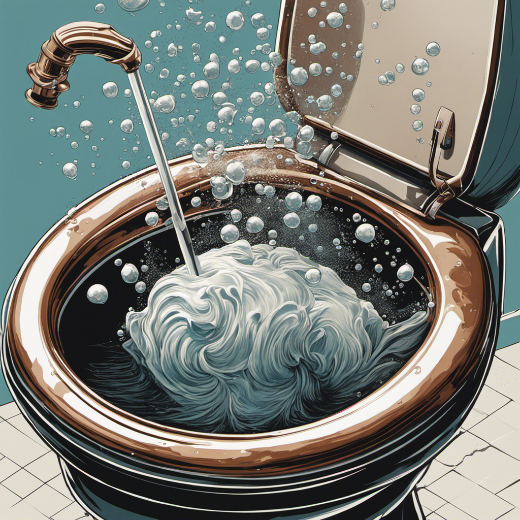 An image capturing a close-up view of a gloved hand gripping a sturdy plunger, forcefully plunging into a toilet bowl filled with swirling water, as bubbles and splashes illustrate the unclogging process