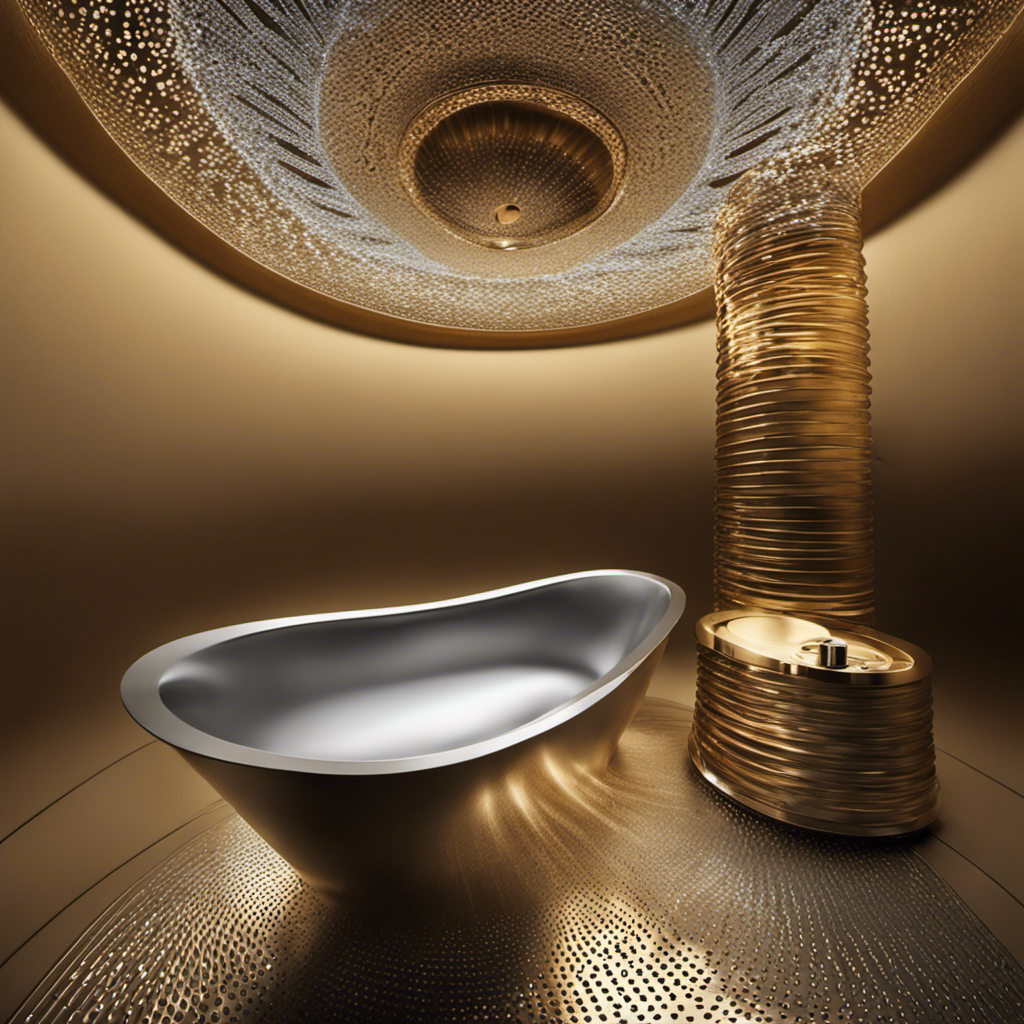 An image that captures the intricate beauty of a bathtub drain: a symmetrical composition of gleaming metal, adorned with tiny holes, encircled by a delicate ring, as water gently swirls down the captivating spiral
