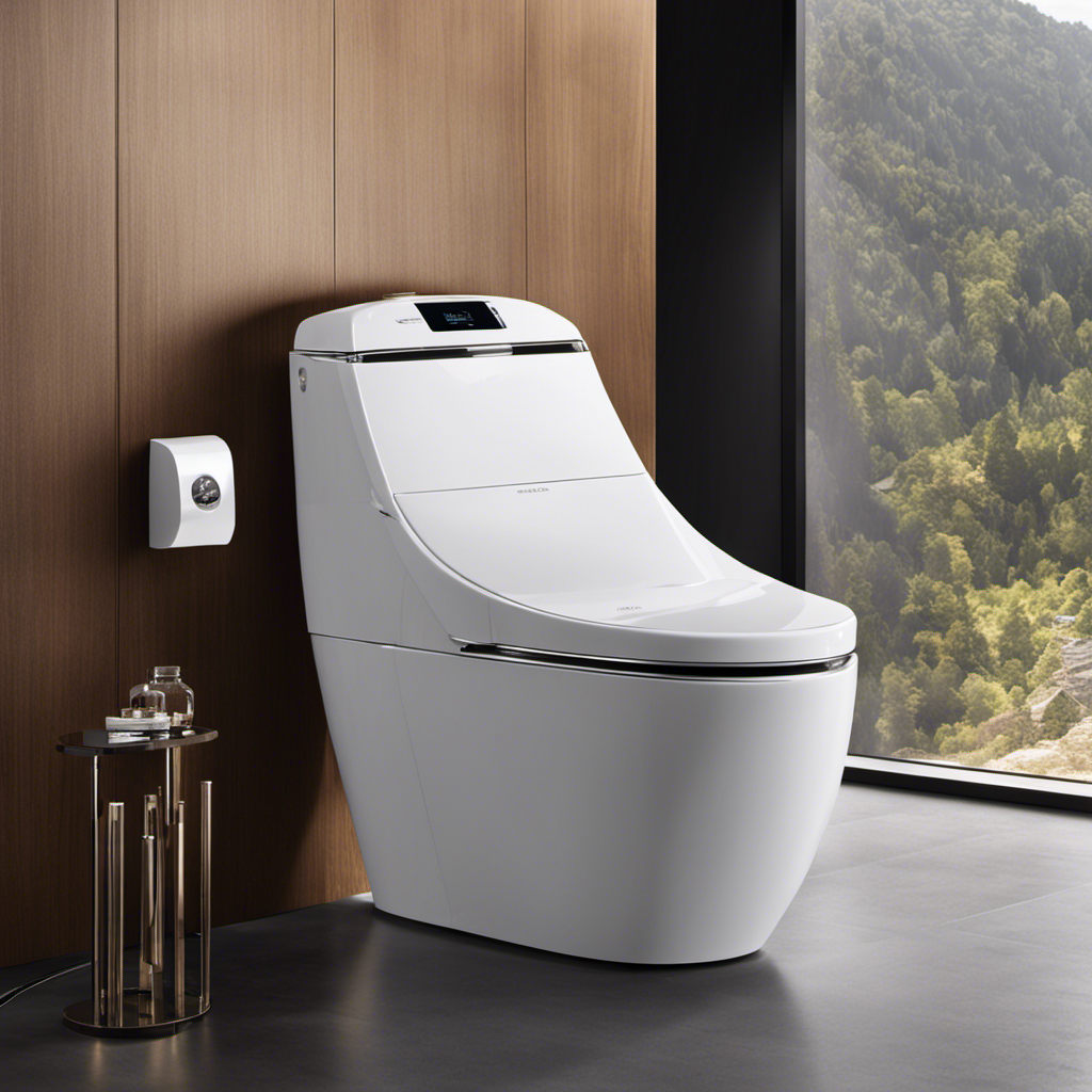 An image showcasing a sleek, futuristic bathroom with a state-of-the-art smart toilet