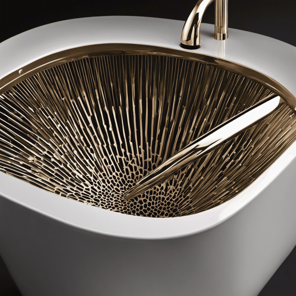 An image that captures the intricate network of slender metal ridges and small perforated holes of a bathtub drain, contrasting against the smooth porcelain surface, inviting readers to explore the hidden beauty beneath the water's flow