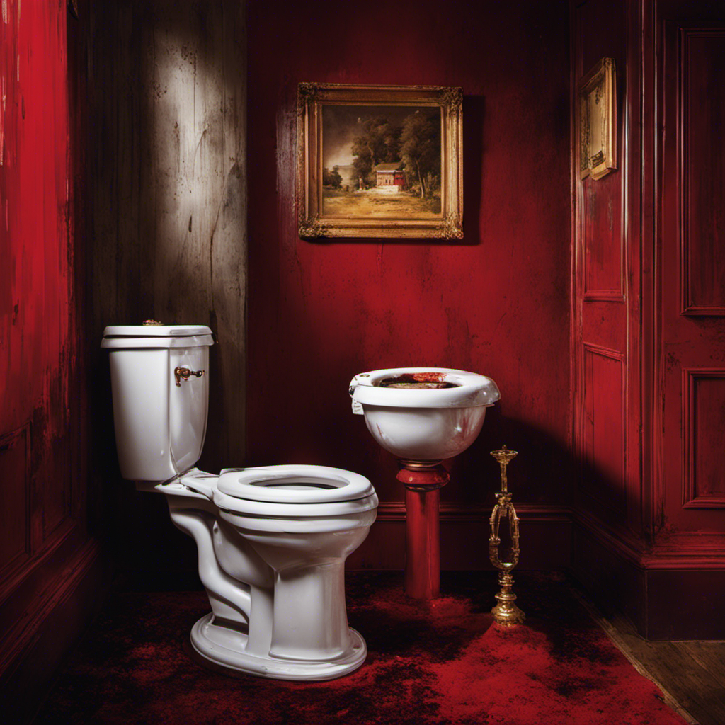 an image capturing the vivid contrast between clear toilet water and an unsettling sight of urine tainted with deep crimson hues, visually depicting the distressing condition of blood in urine