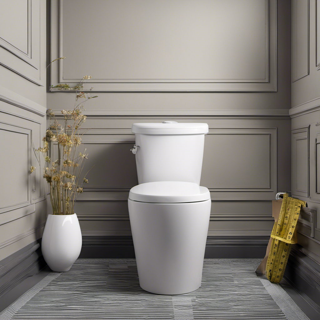 An image showcasing a toilet with measurements marked on the floor, indicating the rough-in size