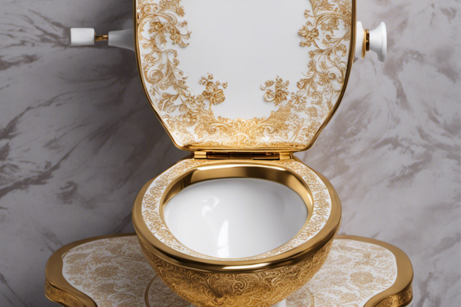 An image showcasing a vintage porcelain toilet, adorned with a golden plaque embossed with the initials "W