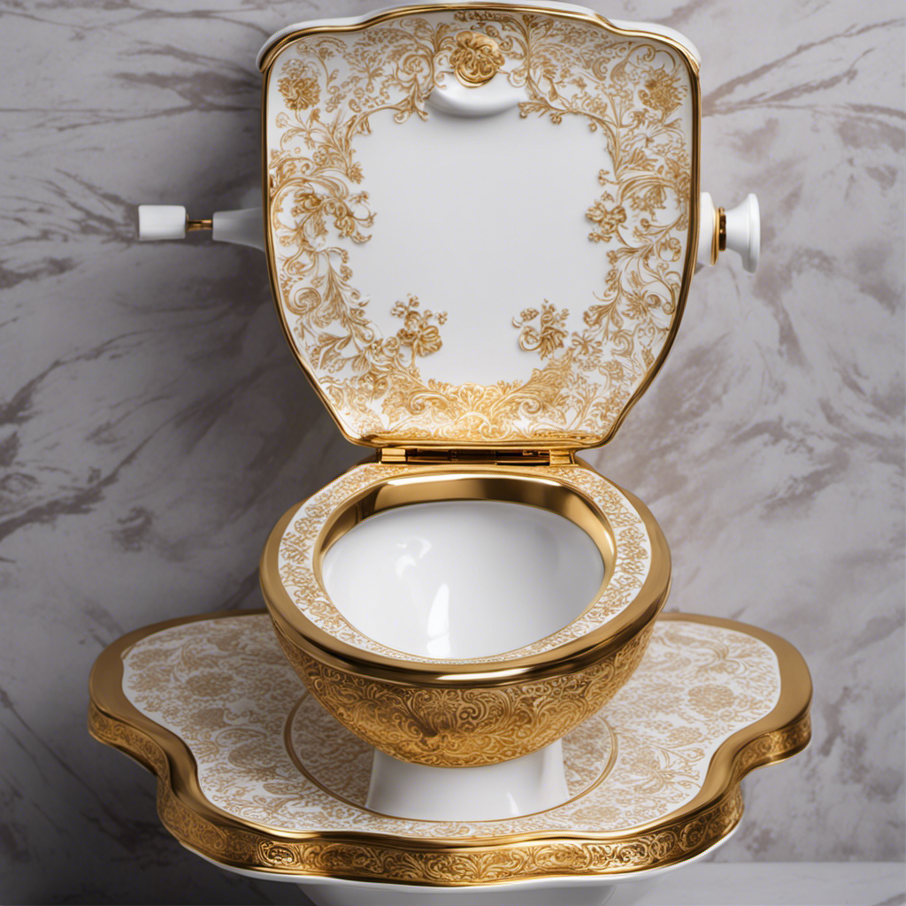 An image showcasing a vintage porcelain toilet, adorned with a golden plaque embossed with the initials "W
