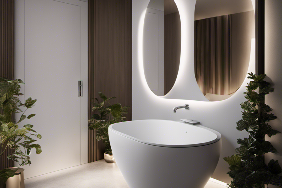 An image that depicts a minimalist bathroom setting with a sleek white toilet